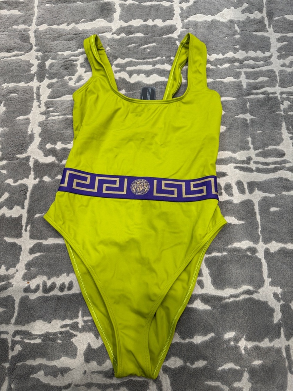 NWT Versace  Neon Lime One-Piece Swimsuit with Purple Greek Key Band